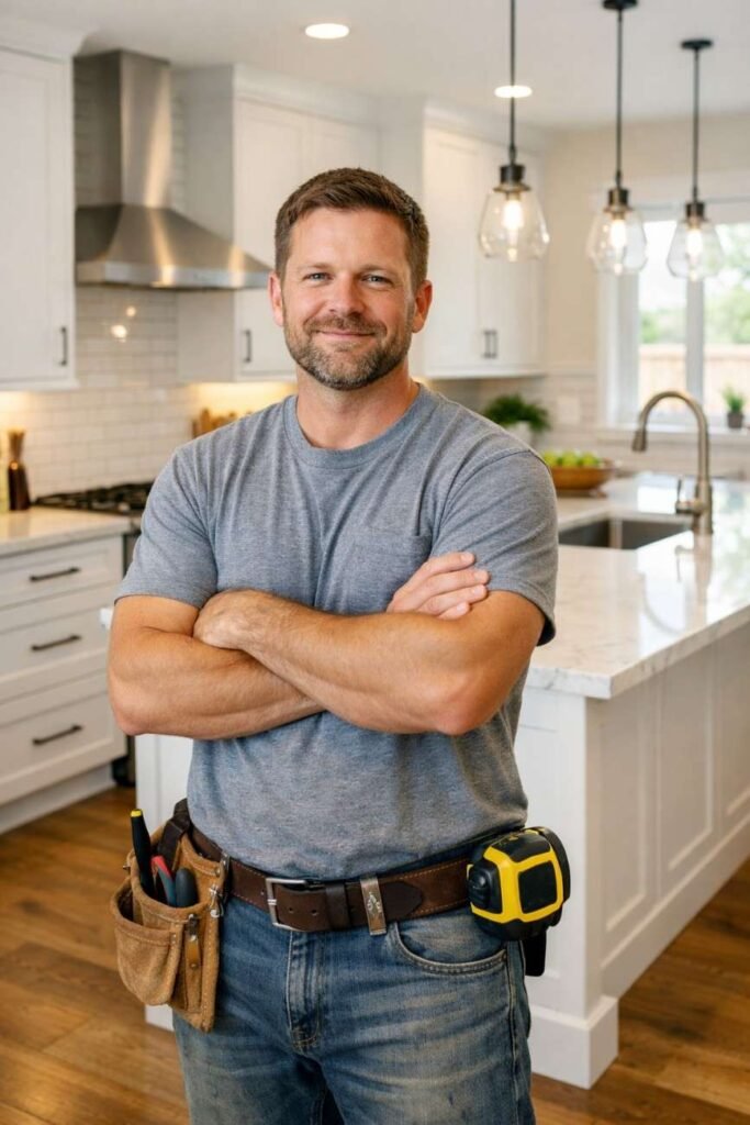 "A professional Bakersfield Home Redesign contractor smiling confidently in front of a newly remodeled kitchen, reflecting the team's expertise in delivering functional and aesthetically pleasing home renovations."