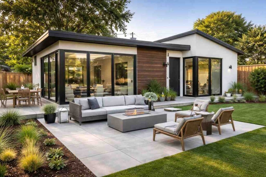 "Modern and stylish Accessory Dwelling Unit (ADU) in Bakersfield, featuring an open, inviting living space with comfortable outdoor seating, manicured landscaping, and large windows that flood the space with natural light. This image reflects the successful transformation and high-quality construction services provided by Bakersfield Home Redesign, where each ADU project is completed within budget and to the highest standards."