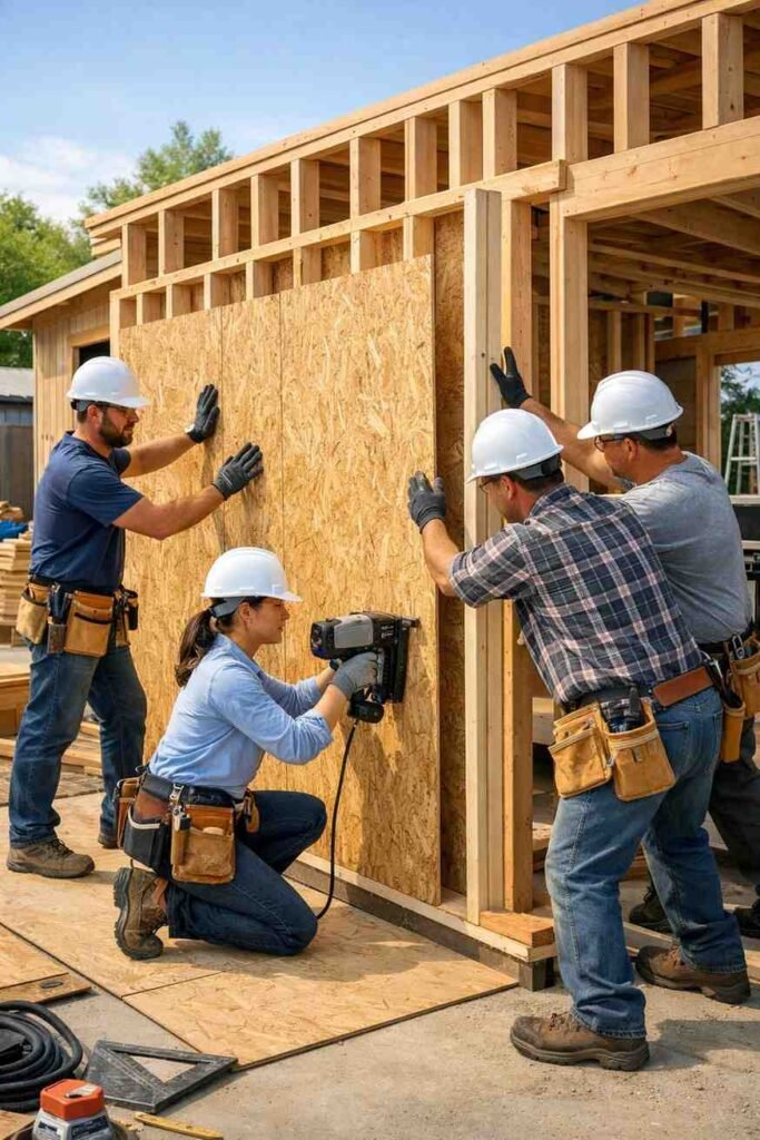 "Skilled construction workers at Bakersfield Home Redesign are constructing a high-quality Accessory Dwelling Unit (ADU) frame. Two workers are shown working together to install a wooden structure with a focus on precision and care, ensuring the ADU construction is solid and meets the highest standards for ADU contractors in Bakersfield."