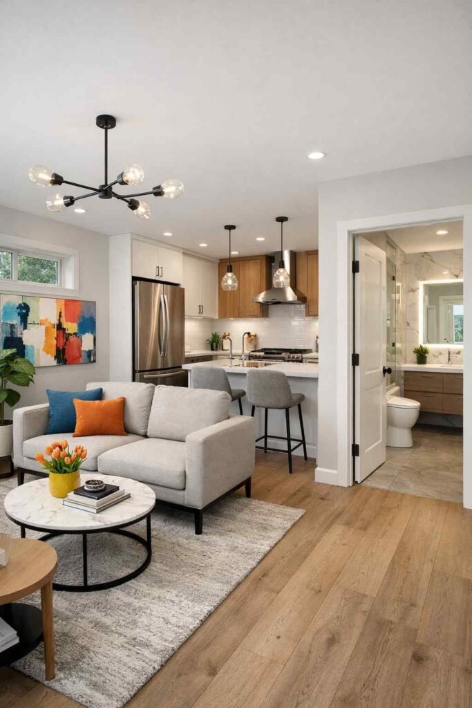 "Modern and stylish ADU interior showcasing a spacious living room with contemporary furnishings, elegant lighting, and a well-designed layout. The image highlights the exceptional craftsmanship of Bakersfield Home Redesign’s team, transforming ADU spaces into functional and aesthetic living areas that exceed client expectations."