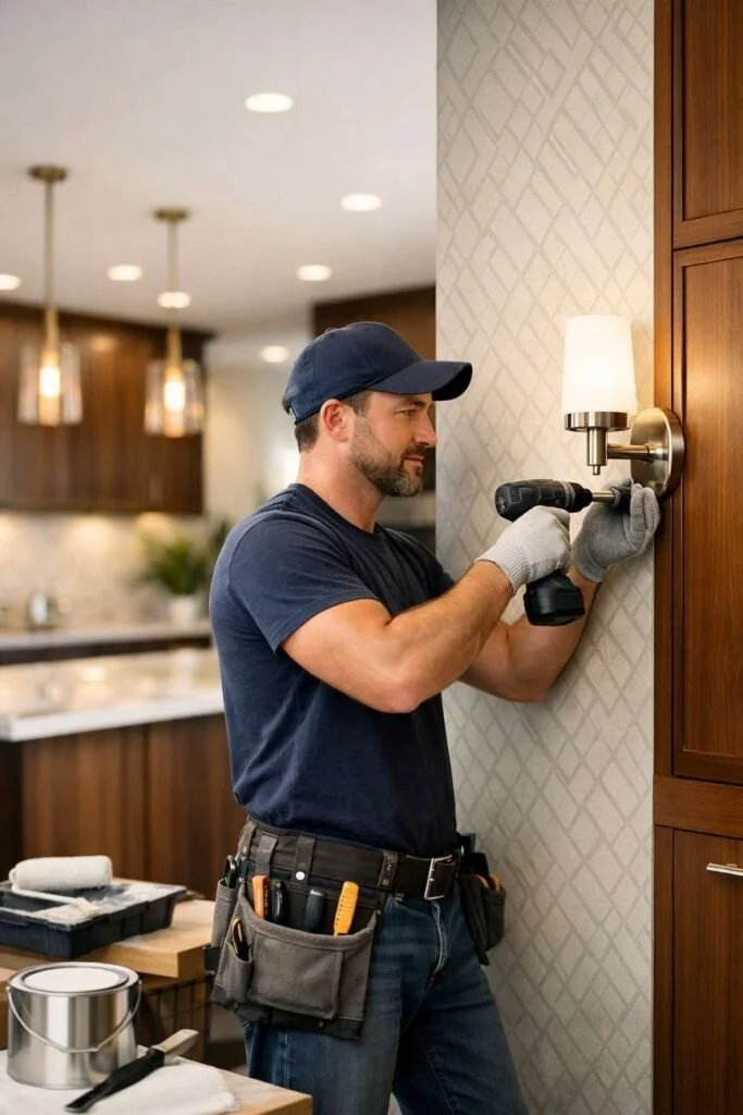 "A skilled Bakersfield Home Redesign contractor working meticulously on a home remodeling project, drilling into the wall in a modern kitchen with stylish lighting and cabinetry, showcasing the expertise and attention to detail in each project."